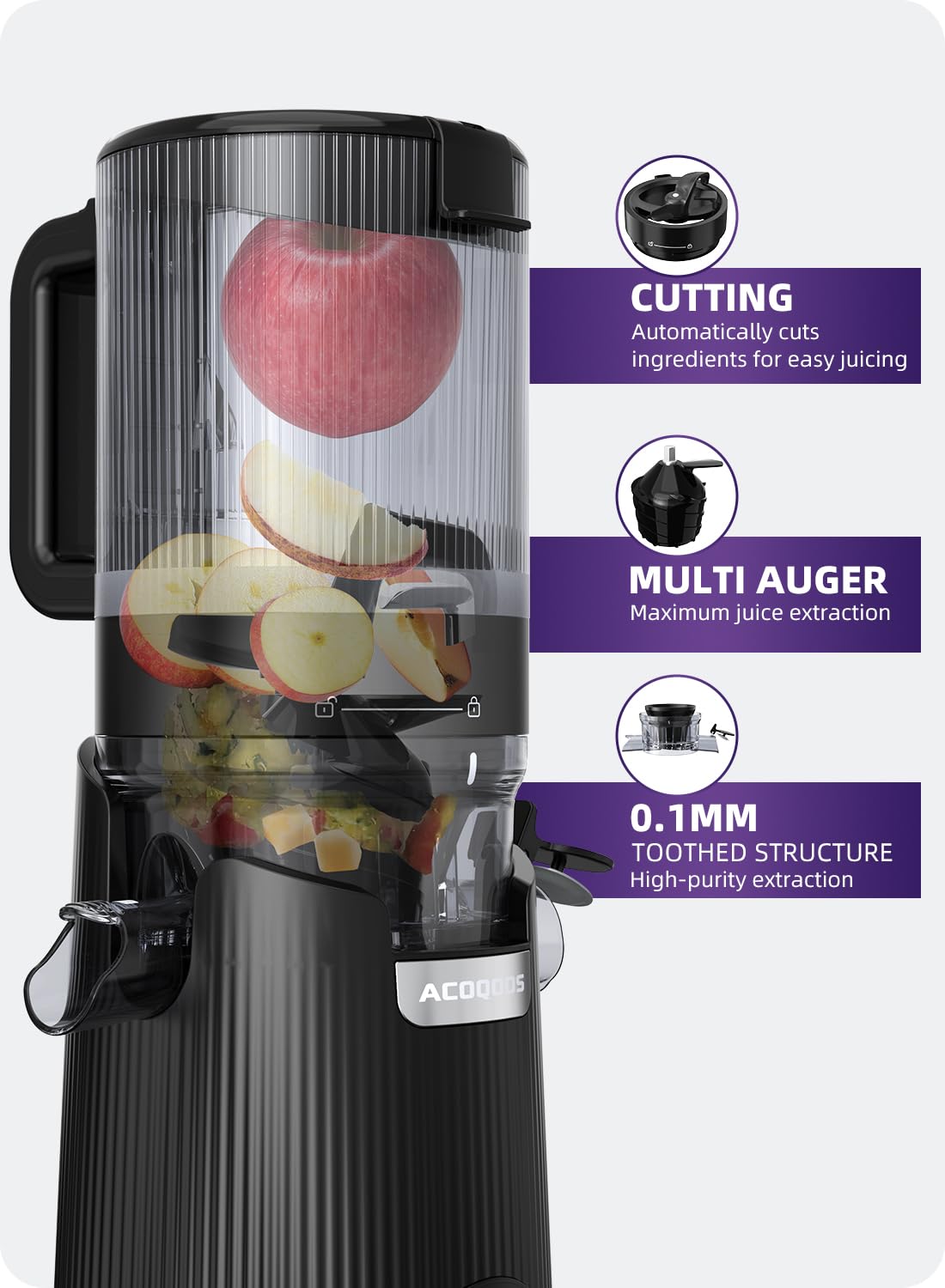 ACOQOOS Juicer Machines, Cold Press Juicer Whole Fruit and Vegetable with 5.3" Wider and Larger Feeding Chute (Capacity 1.8L), Easy to Clean Juicers with 2 Cups, Masticating Juicer Black