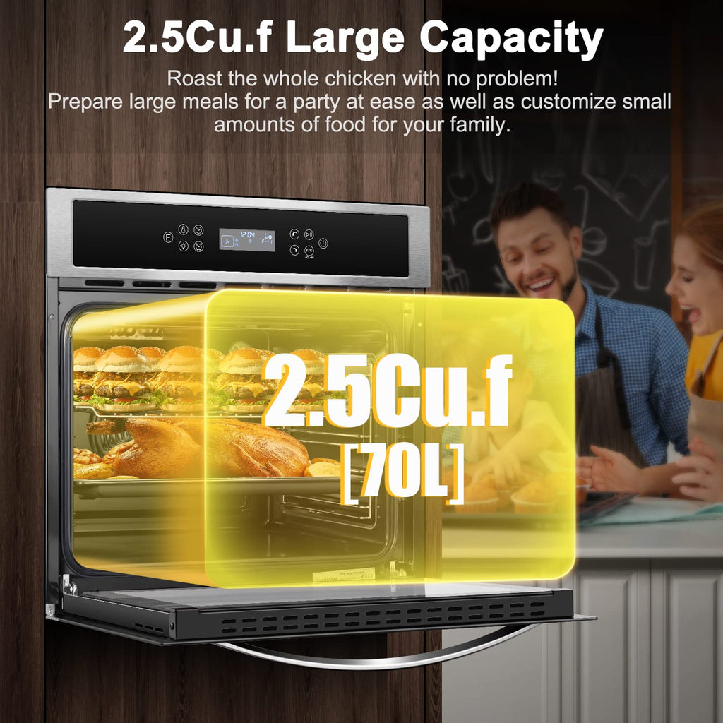 AMZCHEF Piekarnik ścienny pojedynczy 24" Wbudowany piekarnik elektryczny z 11 funkcjami, 8 automatycznymi przepisami, 2800 W, 240 V, 2,5 Cu.f Piekarnik ścienny konwekcyjny ze stali nierdzewnej, sterowanie dotykowe, timer, blokada bezpieczeństwa, ulepszony