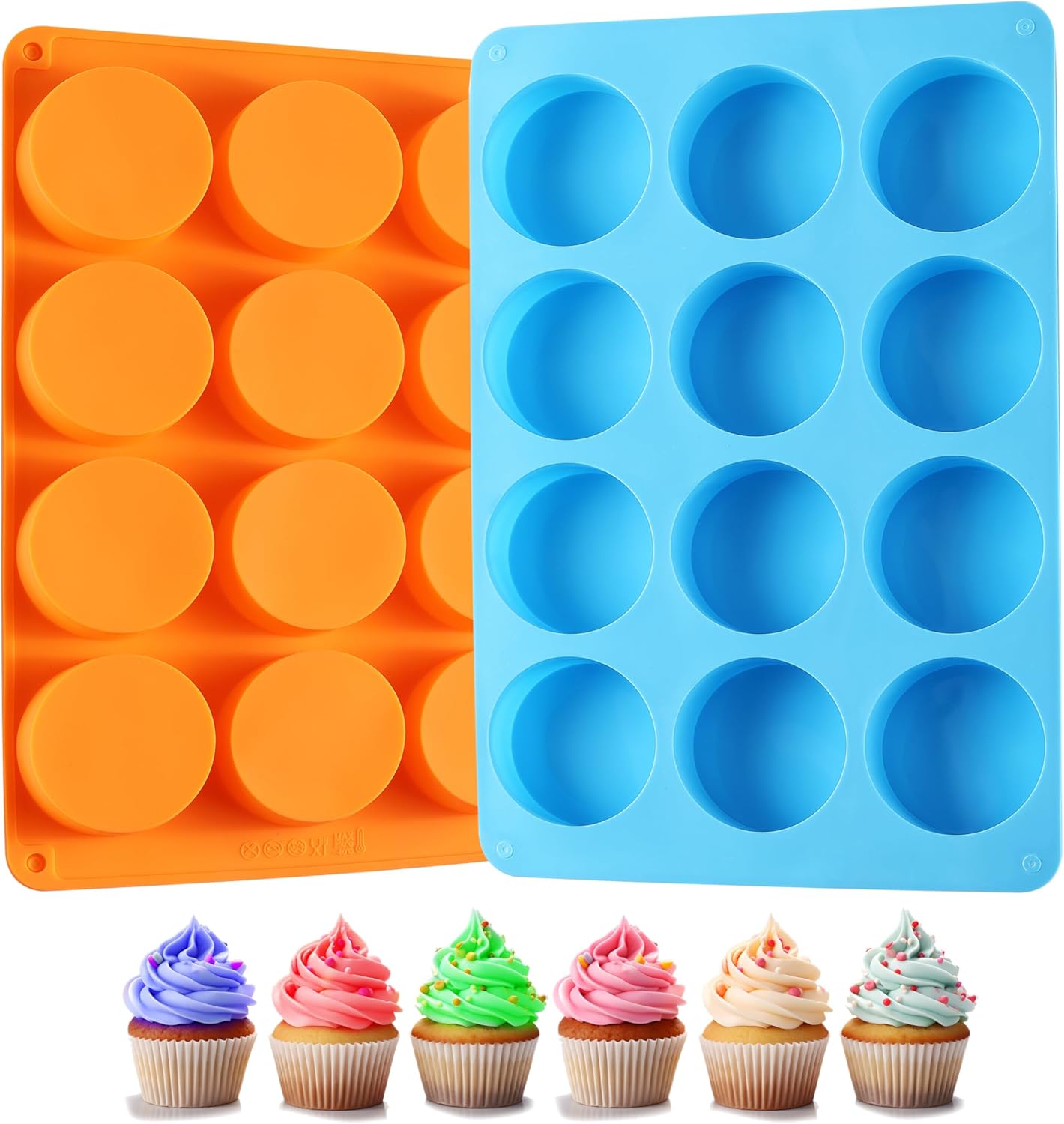 2PCS Silicone Oreo Molds, LCCOWOT 12 Cavity Cookie Chocolate Round Silicone Mold, Baking Mold for Chocolate, Oreo, Cookie, Cany, Mini Cake, Dishwasher Safe (Orange+Blue)