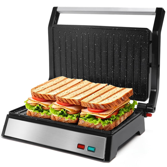 Aigostar Panini Press, 1200W Sandwich Maker and Electric Indoor Grill with Ceramic Non-Stick Coated Plates, Opens 180°to Fit Any Size of Food, Stainless Steel Surface & Removable Drip Tray, Silver