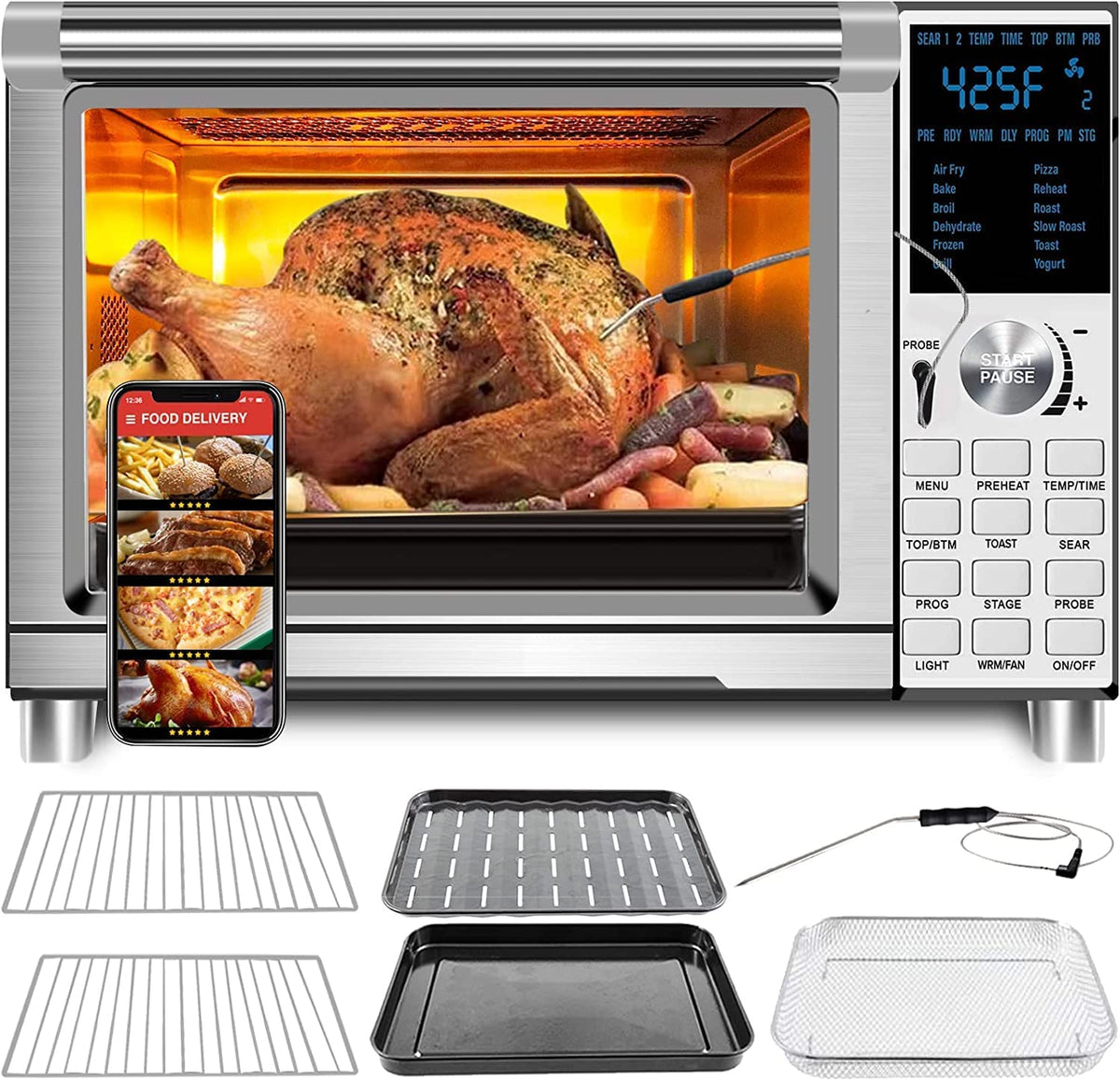 Nuwave Bravo Air Fryer Toaster Smart Oven, 12 w 1, konwekcja blatowa, pojemność 30 qt XL, sterowanie temperaturą 50°–500°F, regulacja grzałki górnej i dolnej 0%–100%, wygląd szczotkowanej stali nierdzewnej (odnowiony)