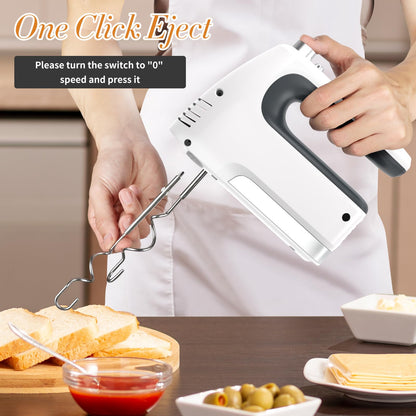 CBQ Hand Mixer Electric, 5-Speed 400W Powerful Motor, Hand Mixer Electric Handheld with Storage Case, Turbo Boost and 5x Accessories, Flat Beaters, Dough Hooks, Whisk (White)