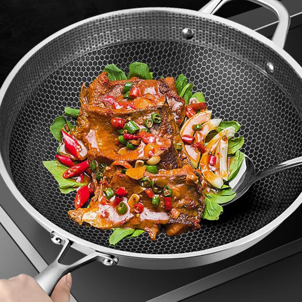 Нержавіюча сталь Yardwe Wok Посуд з нержавіючої сталі з плоским дном Wok Плита Сковорода для локшини Електрична плита Wok Глибока сковорода Каструля Антипригарна сковорода з нержавіючої сталі Сковорода для гриля Wok