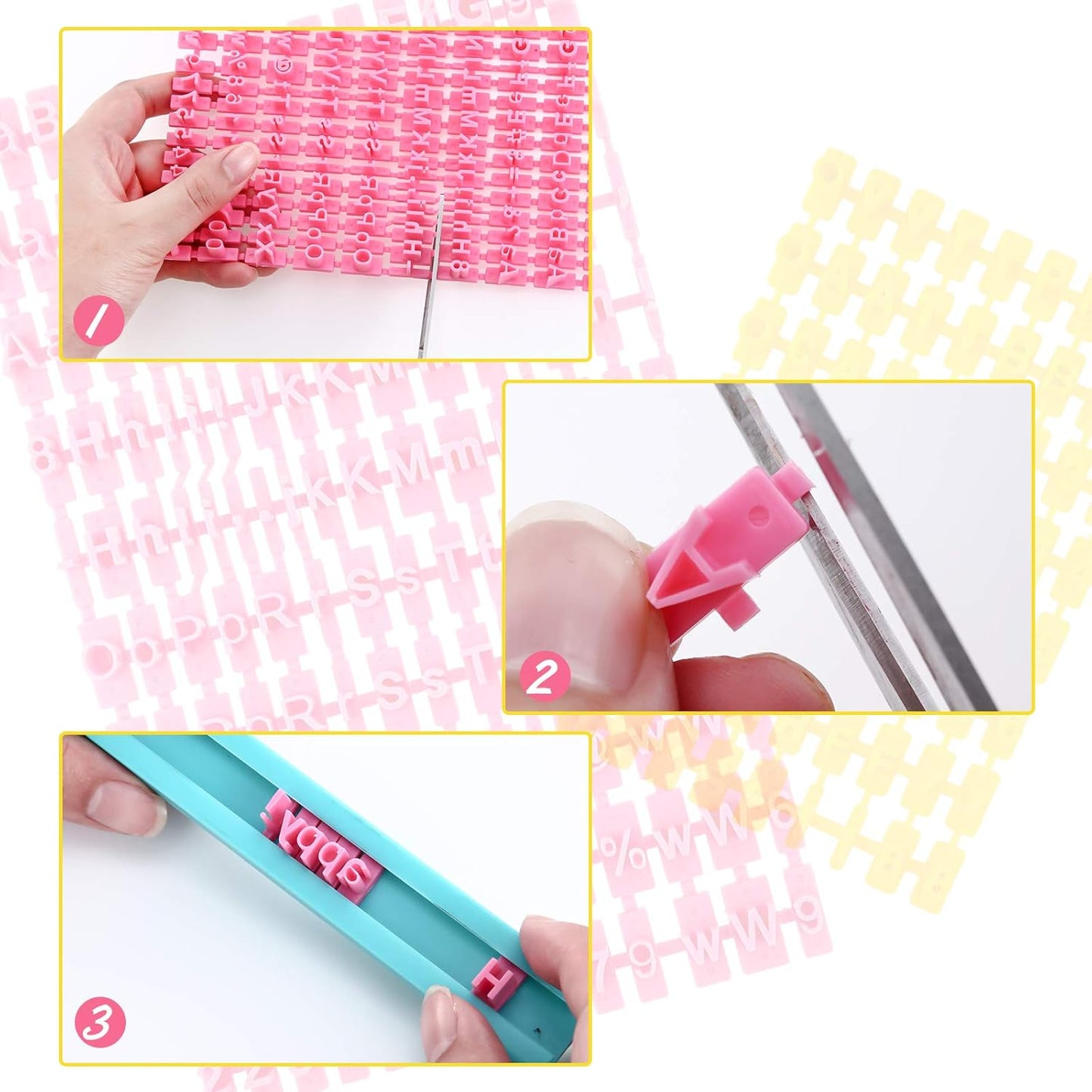 225 Pcs Alphabet Number Punctuation Cookie Letter Biscuit Stamp Cookie Letters Stamp Set Including alphabet Lower and Upper Case for biscuit decor Embosser Cutter Fondant DIY Tool(Yellow, Pink)