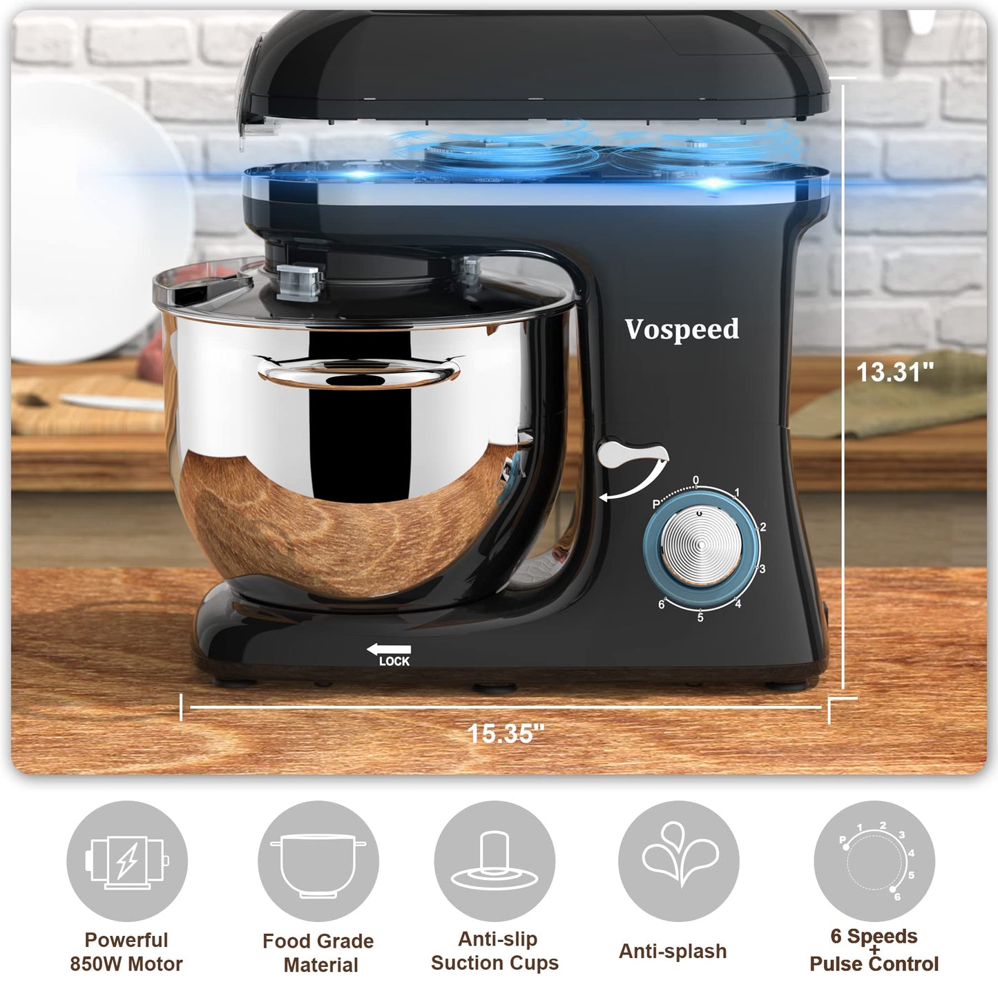 Vospeed 9 IN 1 Stand Mixer, 850W Tilt-Head Multifunctional Electric Mixer with 7.5 QT Stainless Steel Bowl, 1.5L Glass Jar, Meat Grinder, Hook, Whisk, Beater Dishwasher Safe (Black)