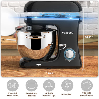 Vospeed 9 IN 1 Stand Mixer, 850W Tilt-Head Multifunctional Electric Mixer with 7.5 QT Stainless Steel Bowl, 1.5L Glass Jar, Meat Grinder, Hook, Whisk, Beater Dishwasher Safe (Black)