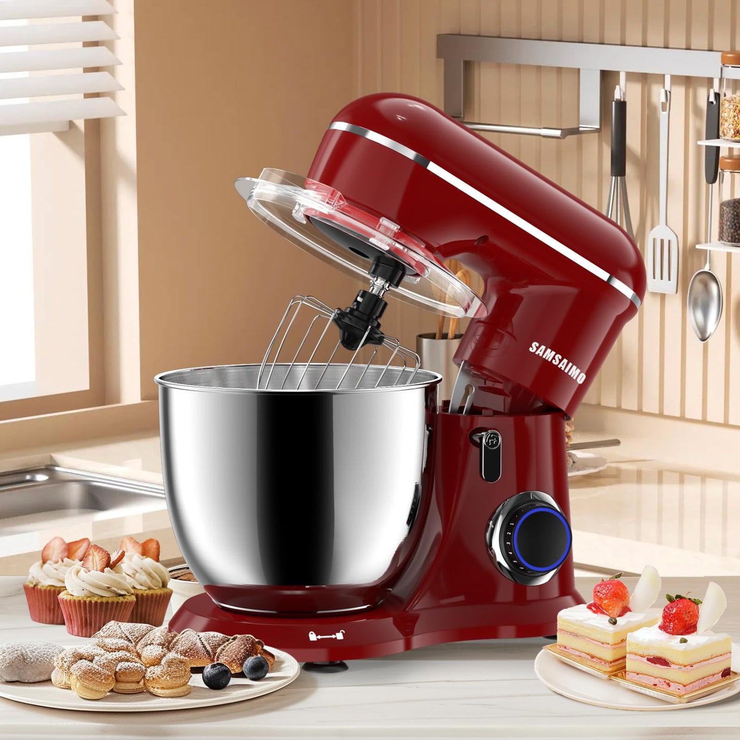 SAMSAIMO 3-IN-1 Electric Stand Mixer, 660W 10-Speed With Pulse Button, Attachments include 6.5QT Bowl, Dough Hook, Beater, Whisk for Most Home Cooks, Empire Red