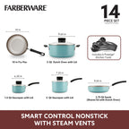 Набір каструль і сковорідок Farberware Smart Control з антипригарним покриттям, 14 предметів, колір аква