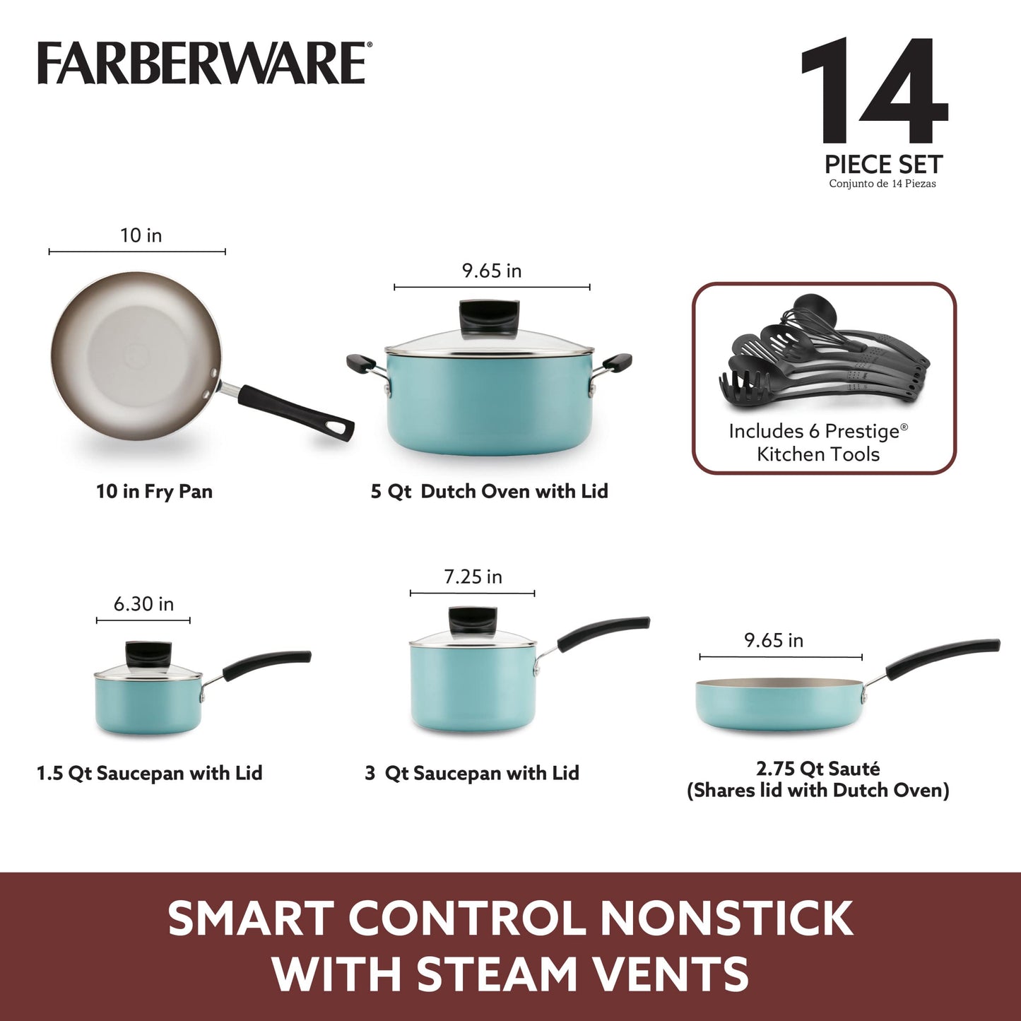 Farberware Smart Control Nonstick Cookware Pots and Pans Set, 14 Piece, Aqua