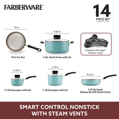 Farberware Smart Control Nonstick Cookware Pots and Pans Set, 14 Piece, Aqua