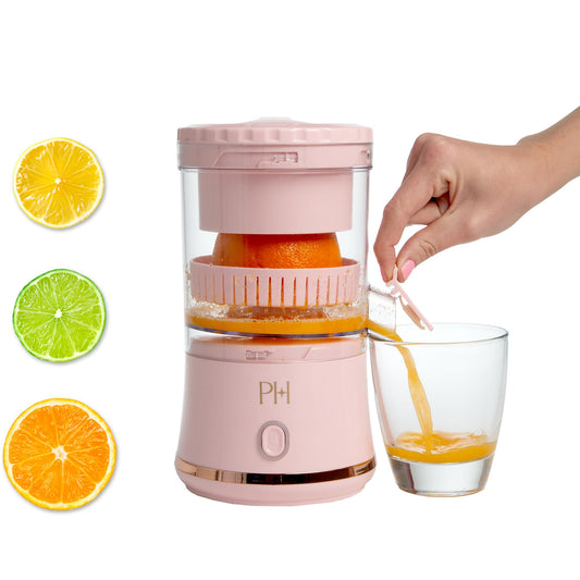 Paris Hilton Electric Citrus Juicer, Mini Portable Cordless Juicer with USB Rechargeable Base, One-Touch Button, Compact Lemon, Lime and Orange Juicer, Pink