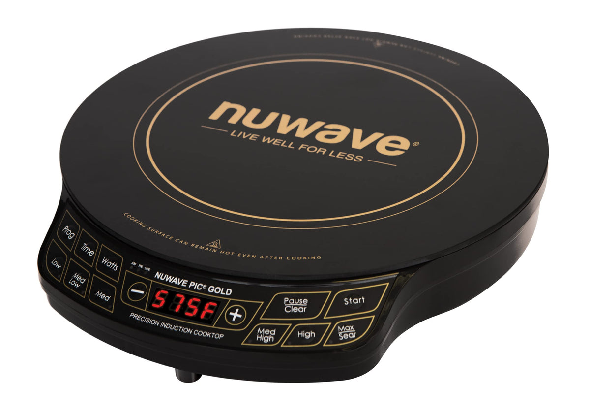 Kuchenka indukcyjna Nuwave Gold Precision, przenośna, duża 8-calowa cewka grzewcza, 12-calowa powierzchnia ze szkła ceramicznego odpornego na stłuczenie, 51 ustawień temperatury od 100°F do 575°F, 3 ustawienia mocy 600, 900 i 1500 watów (odnowiona)
