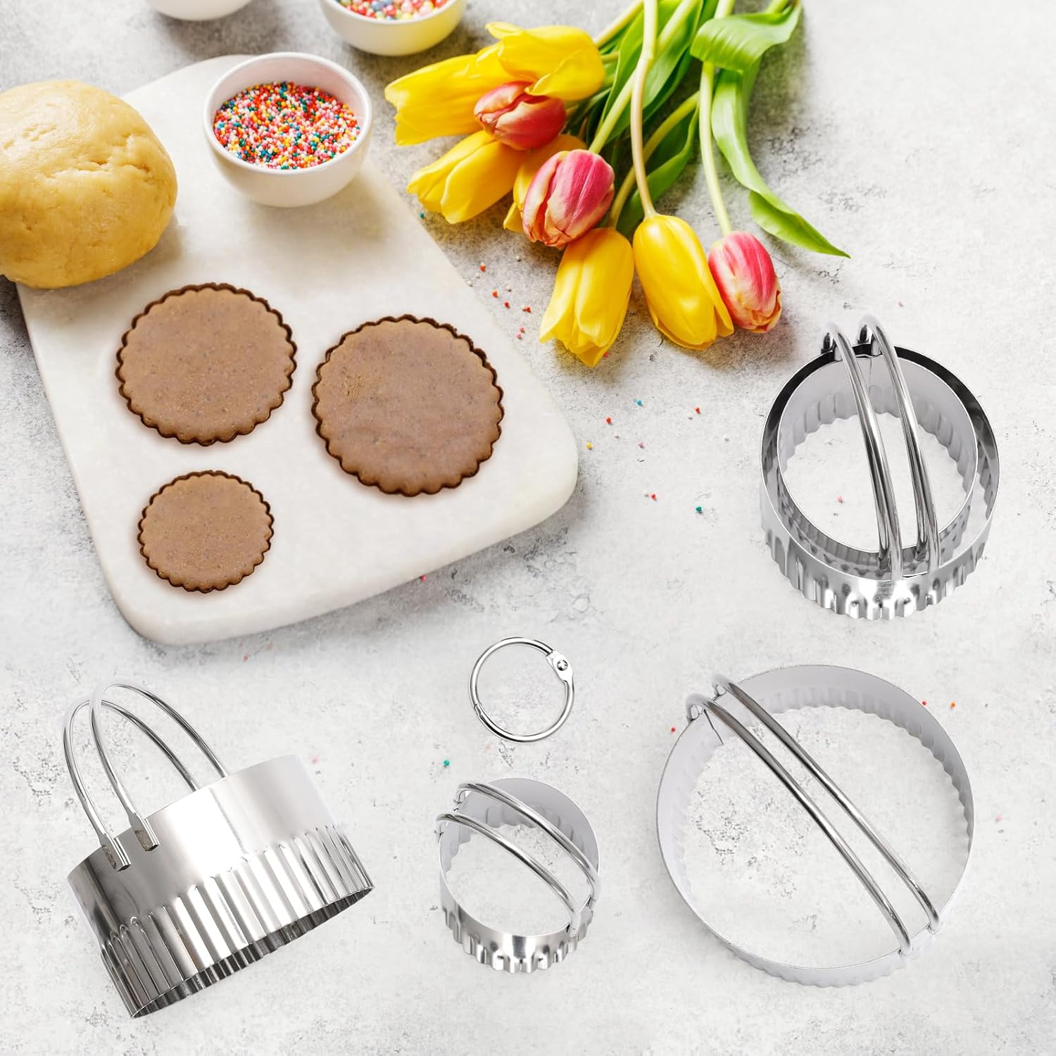 3+5 Cookie Stamps Biscuit Cutter Set, Luxiv 3 Molds Metal Cookie Press Mold Wooden Handle Embossing Stamper, 5 Size Cookie Cutter Tool, Hand-press Biscuit Stamper for DIY Baking Tool