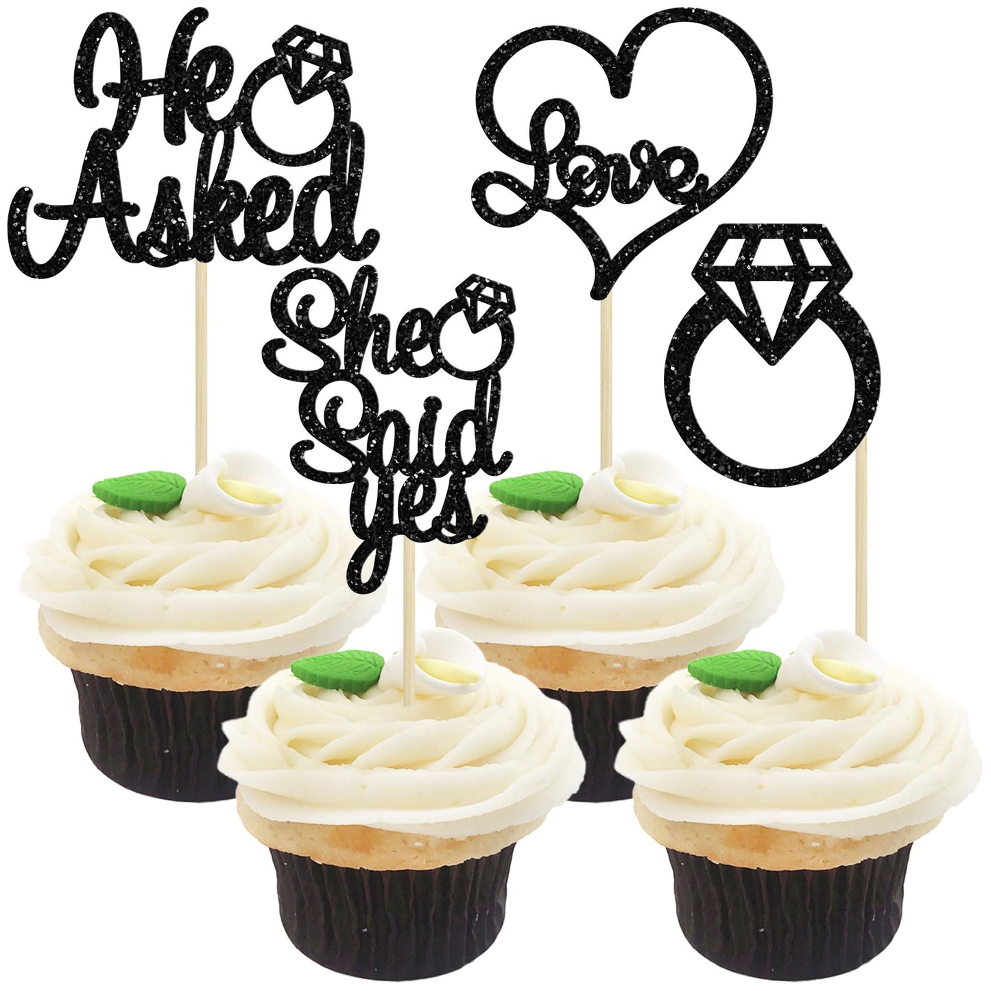 Gyufise He Asked She Said Yes Cupcake Toppers Gold Glitter Diamond Ring Heart Love Cake Picks for Wedding Engagement Party Cake Decorations 24 Pack