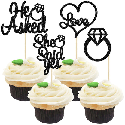 Gyufise He Asked She Said Yes Cupcake Toppers Gold Glitter Diamond Ring Heart Love Cake Picks for Wedding Engagement Party Cake Decorations 24 Pack