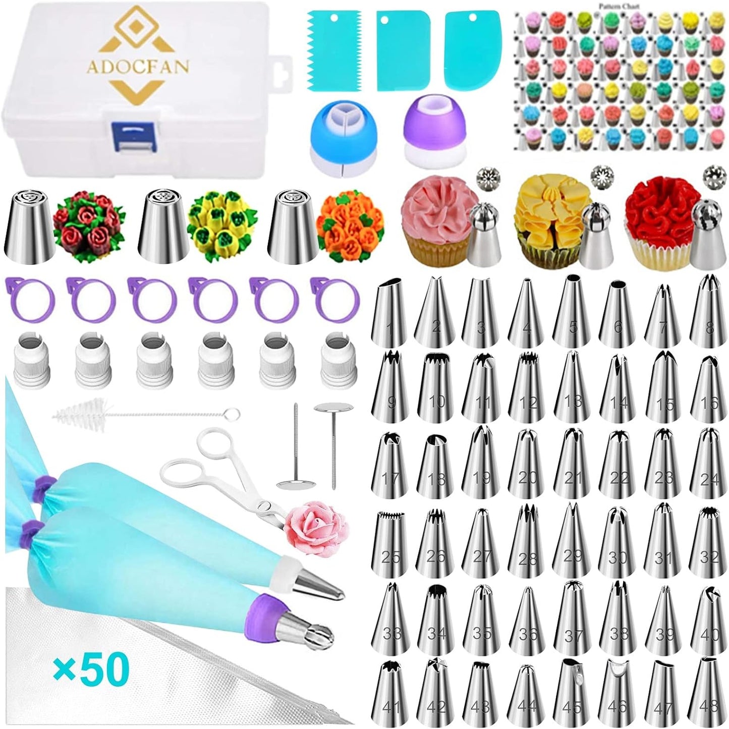 Adocfan 129PCS Piping Set Cake Decorating Tools, Baking Pastry Tools with 48 Numbered Icing Tips & Pastry bag & Flower Lifter & Nail, Cookie Cake decorating tips supplies kit & baking tools (129 PCS)