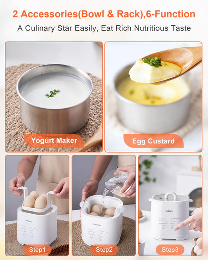 kawu Rapid Egg Cooker, 6-Function Egg Cooker for Hard Boiled Egg, Egg Boiler with Timer,Yogurt Maker,Boiled Egg Cooker for Hard Boiled Egg, Egg Cooker with Auto Shut Off &Alarm, Egg Cooker W/Bowl&Rack