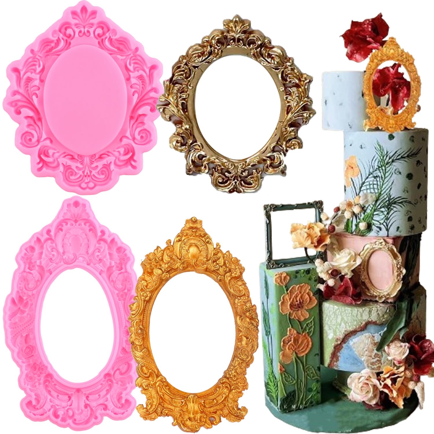 Mujiang Photo Frame Fondant Molds Picture Frames Silicone Mold Vintage Frame Molds For Cake Decorating Cupcake Topper Chocolate Candy Polymer Clay Set Of 4