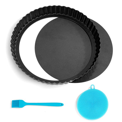 Mini Tart Pans with Removable Bottom 4 inch Set of 10, Non-stick Round Quiche Pan Heavy Duty Carbon Steel for Mousse Cakes, Christmas Dessert Baking with Silicone Scrubber