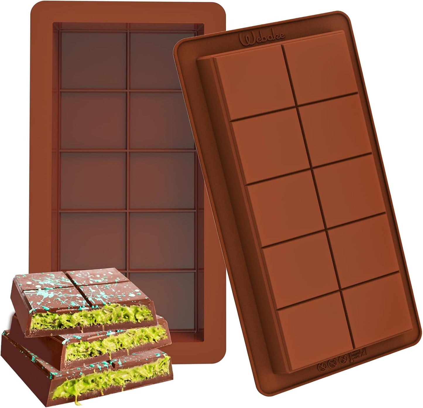 Webake Deep Chocolate Bar Molds 2 Pack, 1 Inch Deep Large and Thick Silicone Chocolate Bar Molds for Stuffed Bar, Big Chocolate Candy Bar Mold for Filling Knafeh Pistachio Chocolate Bar