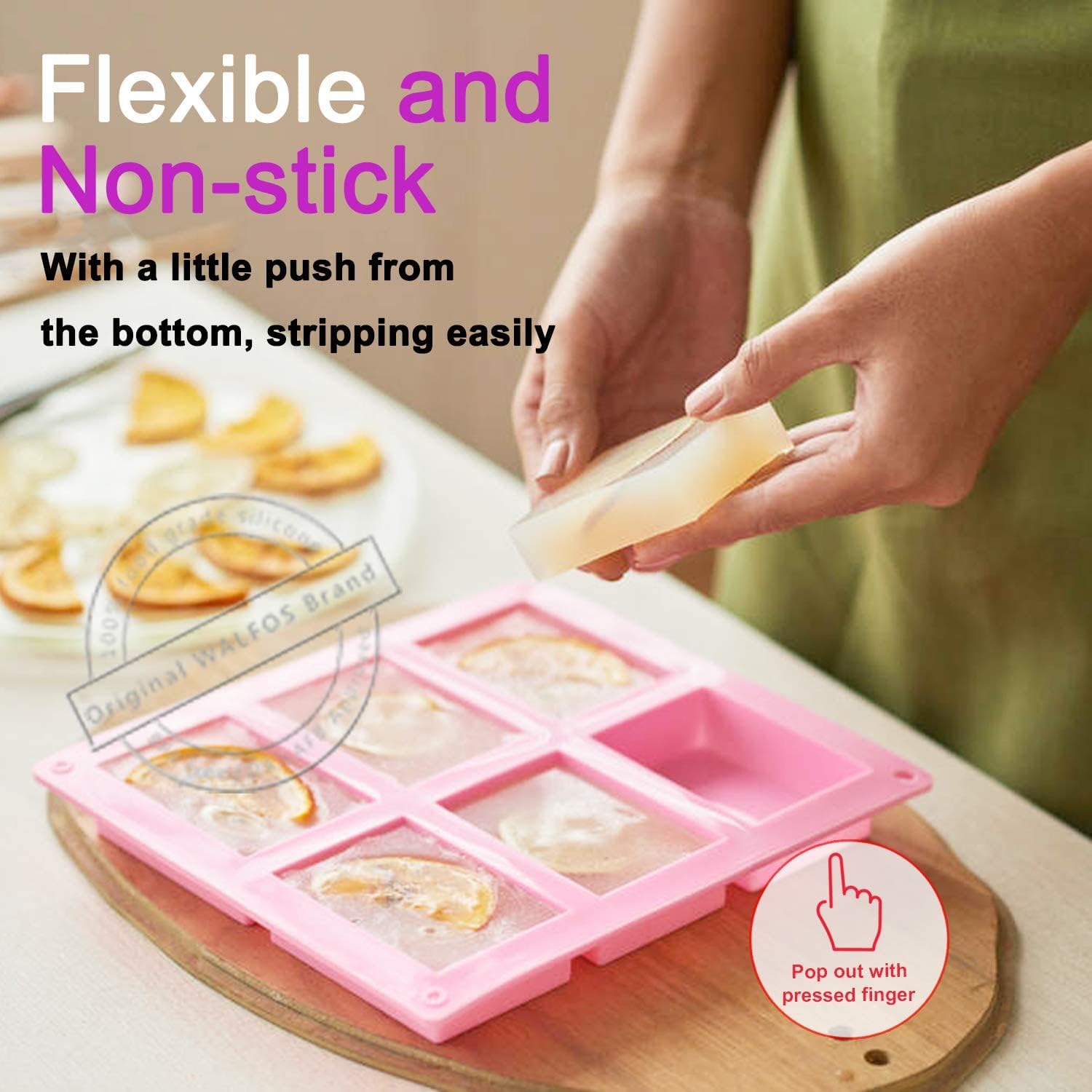 Walfos Silicone Soap Molds Set of 3, 6 Cavities Rectangle Silicone Soap Molds for Homemade Craft Soap Mold, Cake,Chocolate ＆ Ice Cube Tray（Blue & Purple ＆ Pink）