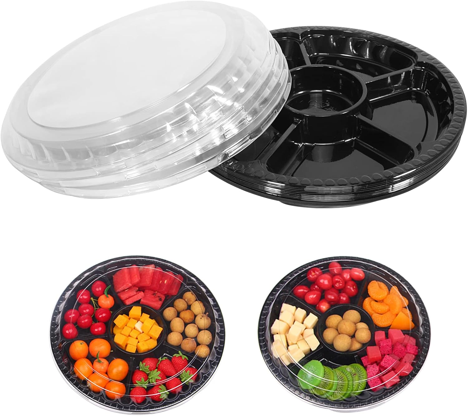mwellewm 10 Pcs Round Plastic Appetizer Tray with Lid Divided Serving Tray, Disposable Food Storage Containers, Kids Snack, Fruit Platter Vegetable Trays for Party and Buffet