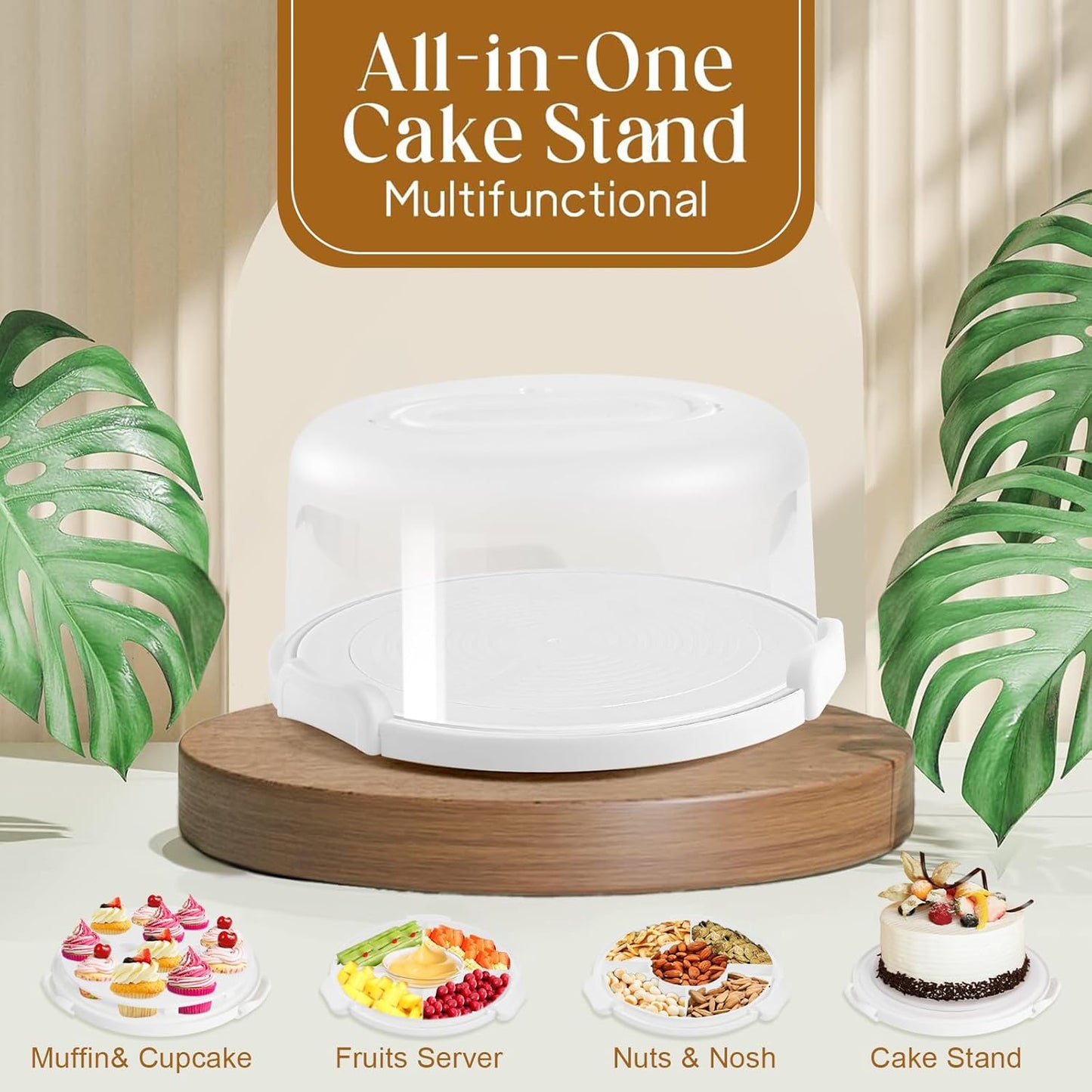 Cake Carrier with Lid and Handle, Multipurpose Cake Stand Fits 10 inch Cake, Cupcake Containers for 11 Cupcakes，Cake Holder Serves as Five Section Serving Tray, Portable Cake Carriers, White