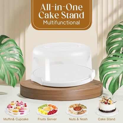 Cake Carrier with Lid and Handle, Multipurpose Cake Stand Fits 10 inch Cake, Cupcake Containers for 11 Cupcakes，Cake Holder Serves as Five Section Serving Tray, Portable Cake Carriers, White