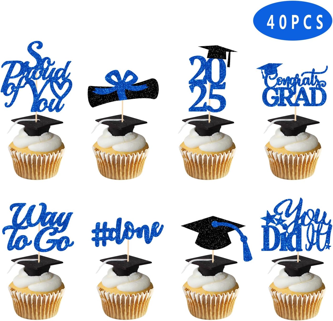 Graduation Decorations 2025 Blue, Graduation Cupcake Toppers 2025 Blue Black, Glitter Class of 2025 Cupcake Toppers Supplies, Class of 2025 Congrats Grad Cap Diploma Cupcake Picks - 40Pcs