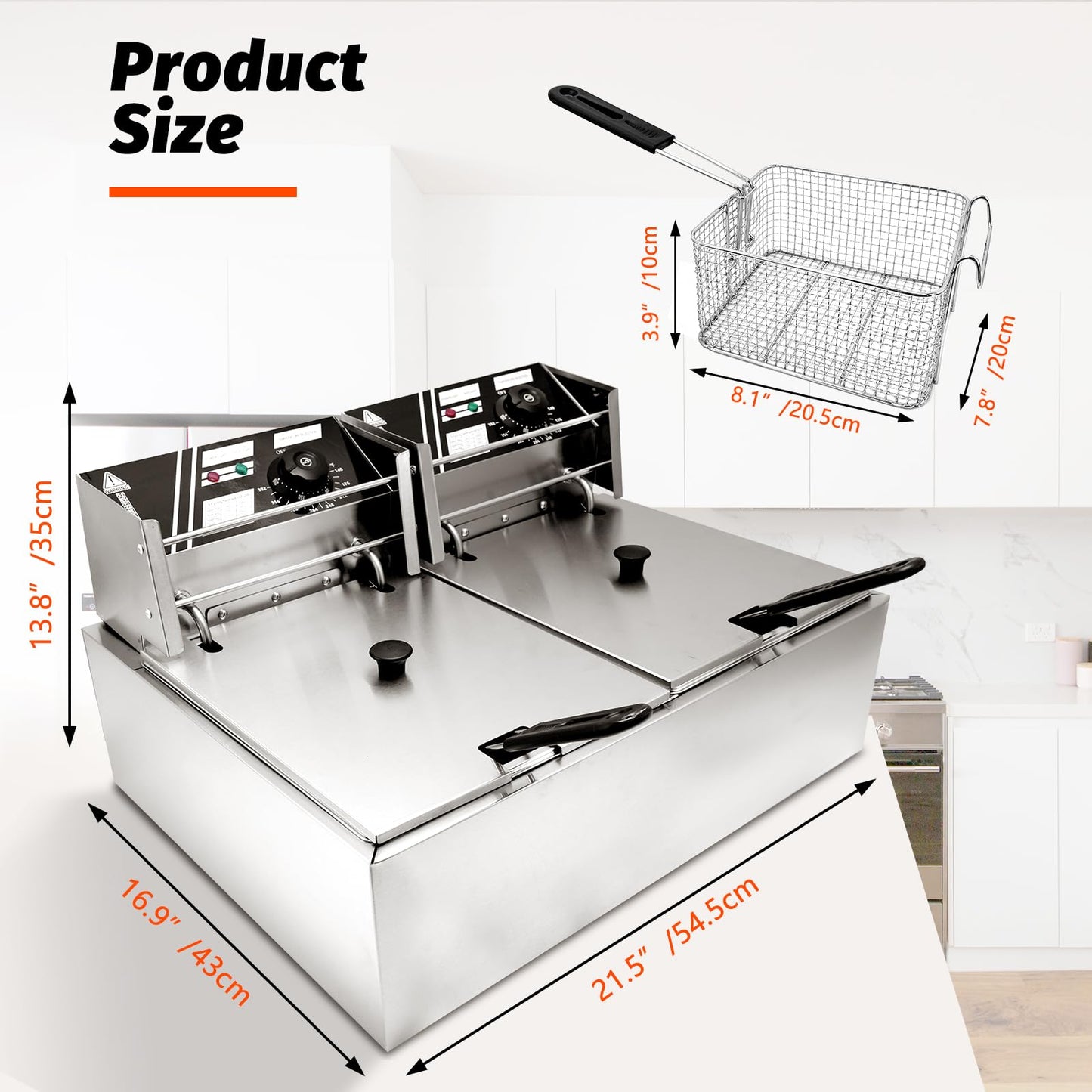 Jwevvie Commercial Deep Fryer - 22.8 QT Electric Deep Fryers with Baskets 0.8mm Thickened Stainless Steel Countertop Oil Fryer Large Capacity with Temperature Limiter (Double Tank)