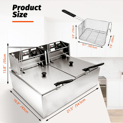 Jwevvie Commercial Deep Fryer - 22.8 QT Electric Deep Fryers with Baskets 0.8mm Thickened Stainless Steel Countertop Oil Fryer Large Capacity with Temperature Limiter (Double Tank)