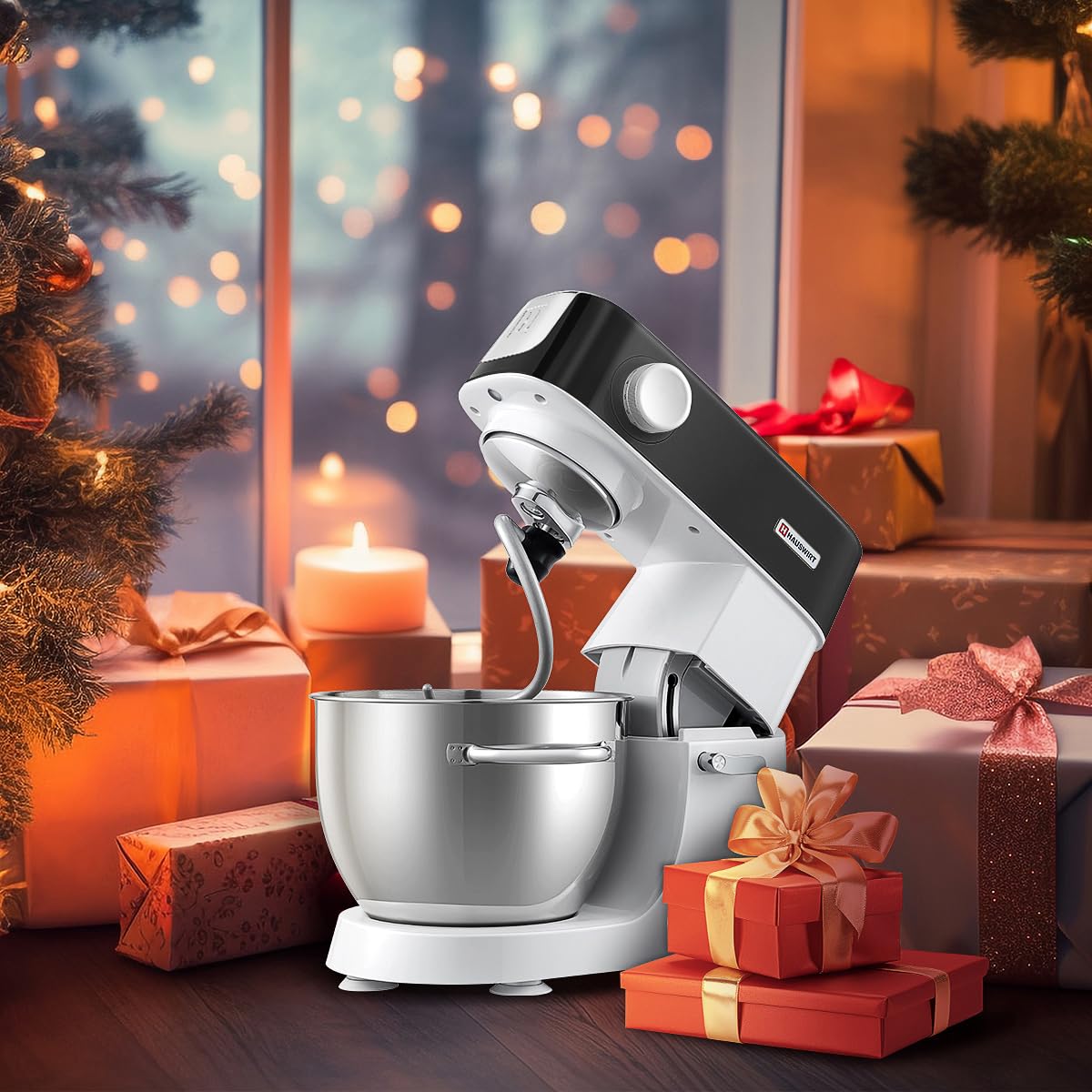 Hauswirt Electric Stand Mixer M5C, 3-in-1, 5.4Qt Dough Mixer, 8-Speed 500W Tilt-Head Food Mixer,with Dough Hook,Wire Whip & Beater,Black,No screen,Meat grinder sold separately