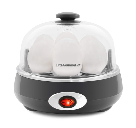 Elite Gourmet EGC007CHC# Rapid Egg Cooker, 7 Easy-To-Peel, Hard, Medium, Soft Boiled Eggs, Poacher, Omelet Maker, Auto Shut-Off, Alarm, 16-Recipe Booklet, Charcoal Grey