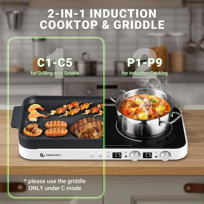 AMZCHEF Double Induction Cooktop with Removable Iron Cast Griddle Pan Non-stick, 1800W 2 burner Portable Induction Stove With Sensor Touch 9 Power Levels, 99 Min Timer, White