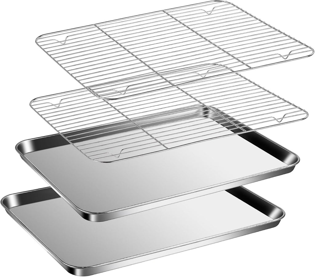 Baking Sheet with Racks Set [2 Sheets + 2 Racks], Stainless Steel Baking Sheets with Cooling Racks, Nonstick Pan, Warp Proof & Rust Proof & Easy to Clean, Size 12 X 10 X 1 Inch
