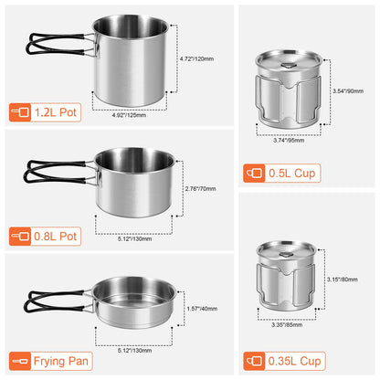 Odoland 13pcs Stainless Steel Camping Cookware Camping Pots and Pan Set with Portable Camping Stove Camping Mess Kit with Cups Forks Knives Spoons for Hiking Backpacking and Picnic