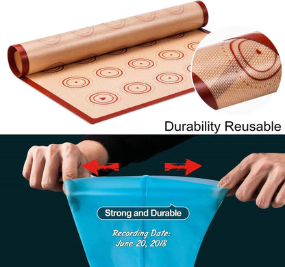 Angadona Macaron Silicone Baking Mats Kit (16pcs set) Macaroon Baking Mat Set of 2 Half Sheet Macaron Silicone Mat Nonstick Macaron Mat Sheet,6 Piping Tip,2 Piping Bag with 3 Bag Tie,2 coupler