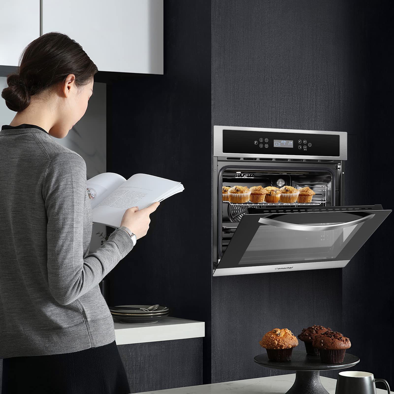 AMZCHEF Piekarnik ścienny pojedynczy 24" Wbudowany piekarnik elektryczny z 11 funkcjami, 8 automatycznymi przepisami, 2800 W, 240 V, 2,5 Cu.f Piekarnik ścienny konwekcyjny ze stali nierdzewnej, sterowanie dotykowe, timer, blokada bezpieczeństwa, ulepszony
