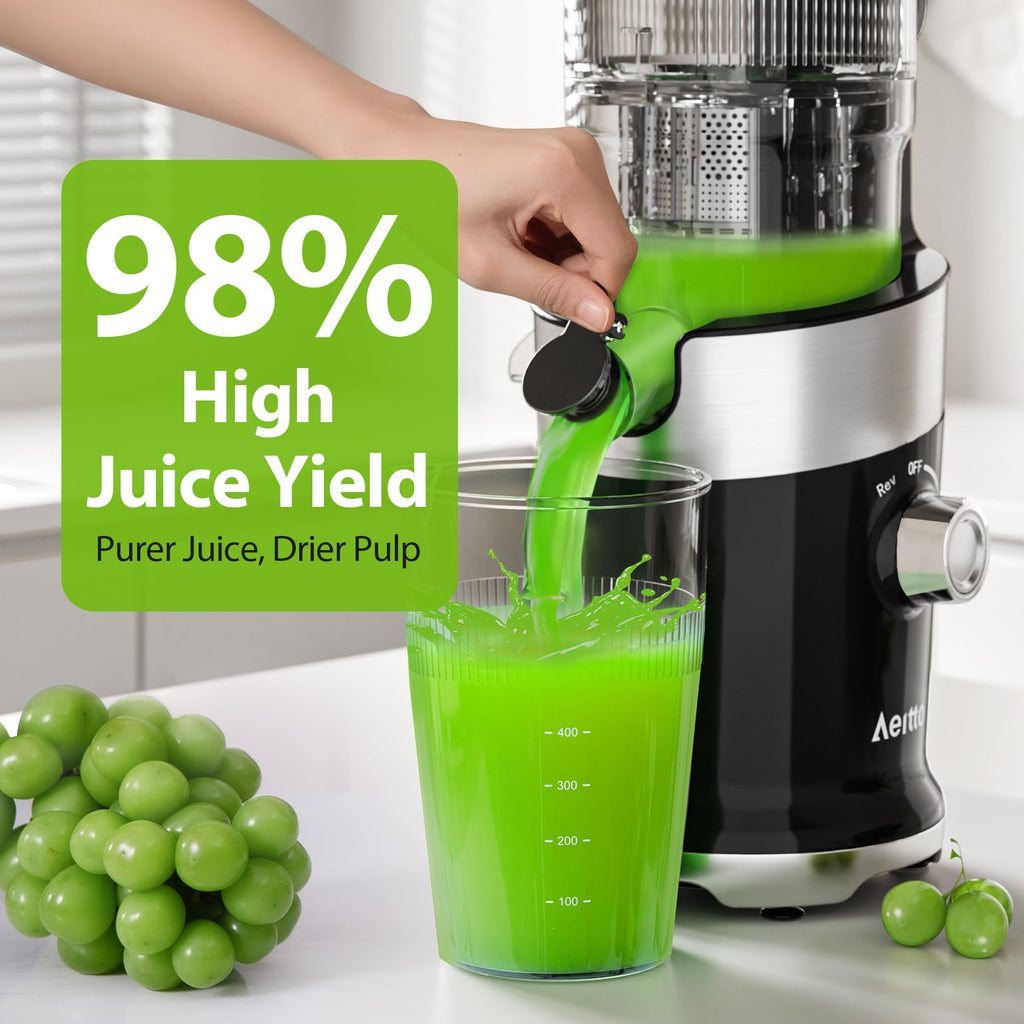 Juicer Machines, Aeitto Cold Press Juicer,4.9" Wide Mouth Fits for Whole Fruits and Vegetables, Slow Masticating Juicer Easy to Clean, High Juice Yield,Black