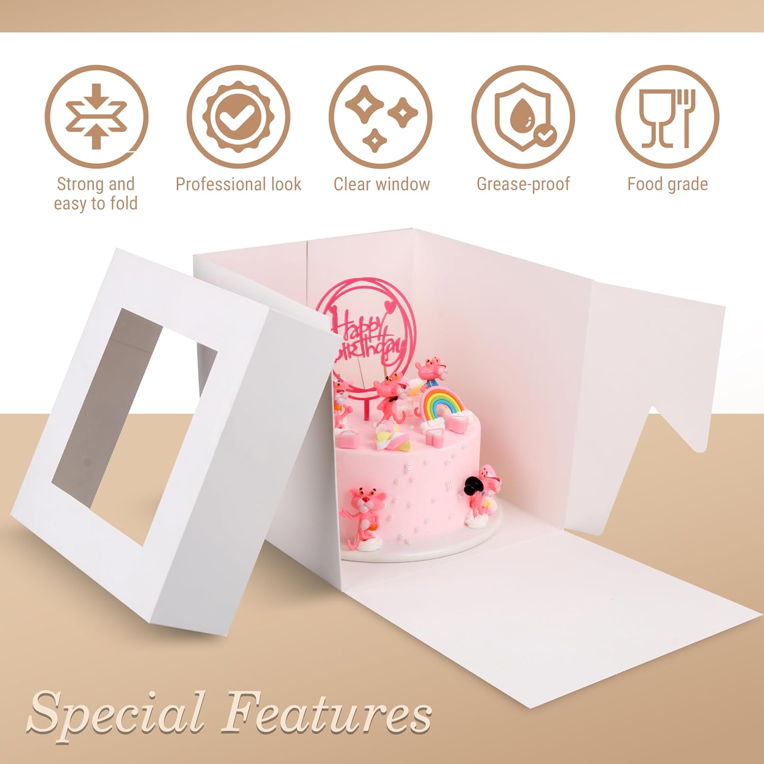 Cakebon Cake Boxes with Boards - 10 Inch Round Cake Drum White (1-pack) - Box With Window for Birthdays, Weddings and Parties