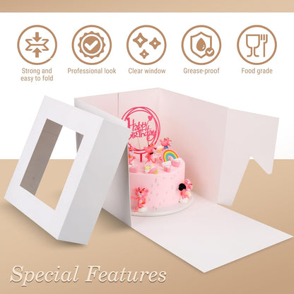 Cakebon Cake Boxes with Boards - 10 Inch Round Cake Drum White (1-pack) - Box With Window for Birthdays, Weddings and Parties