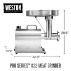 Weston Pro Series Electric Meat Grinder, Commercial Grade, 1120 Watts, 1.5 HP, 14lbs. Per Minute, Stainless Steel (10-2201-W)