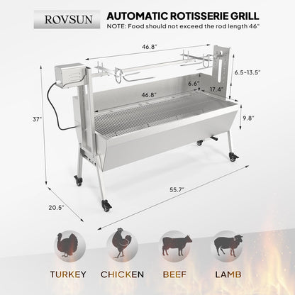 ROVSUN Rotisserie Grill Kit 176 Lbs Capacity, Electric Rotisserie Grill Pig Lamb Spit Roaster Stand w/Lockable Wheels Wind Baffle Adjustable Height, BBQ Spit Rod for Outdoor Party Camping (46")