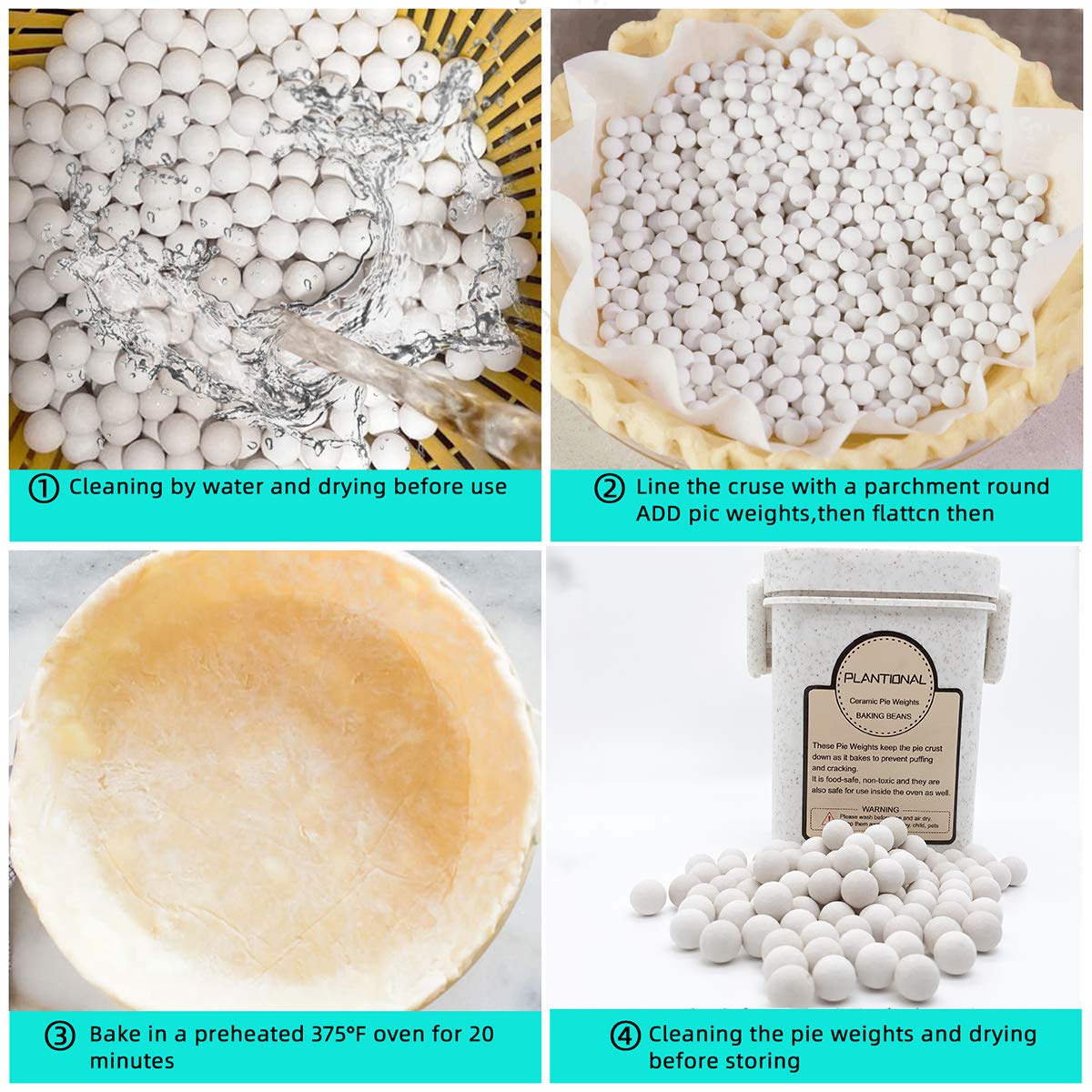 PLANTIONAL Pie Weights - 1.32 LB Ceramic Stoneware Beans in Wheat Straw Container for Blind Baking Pastry Crusts (Green)