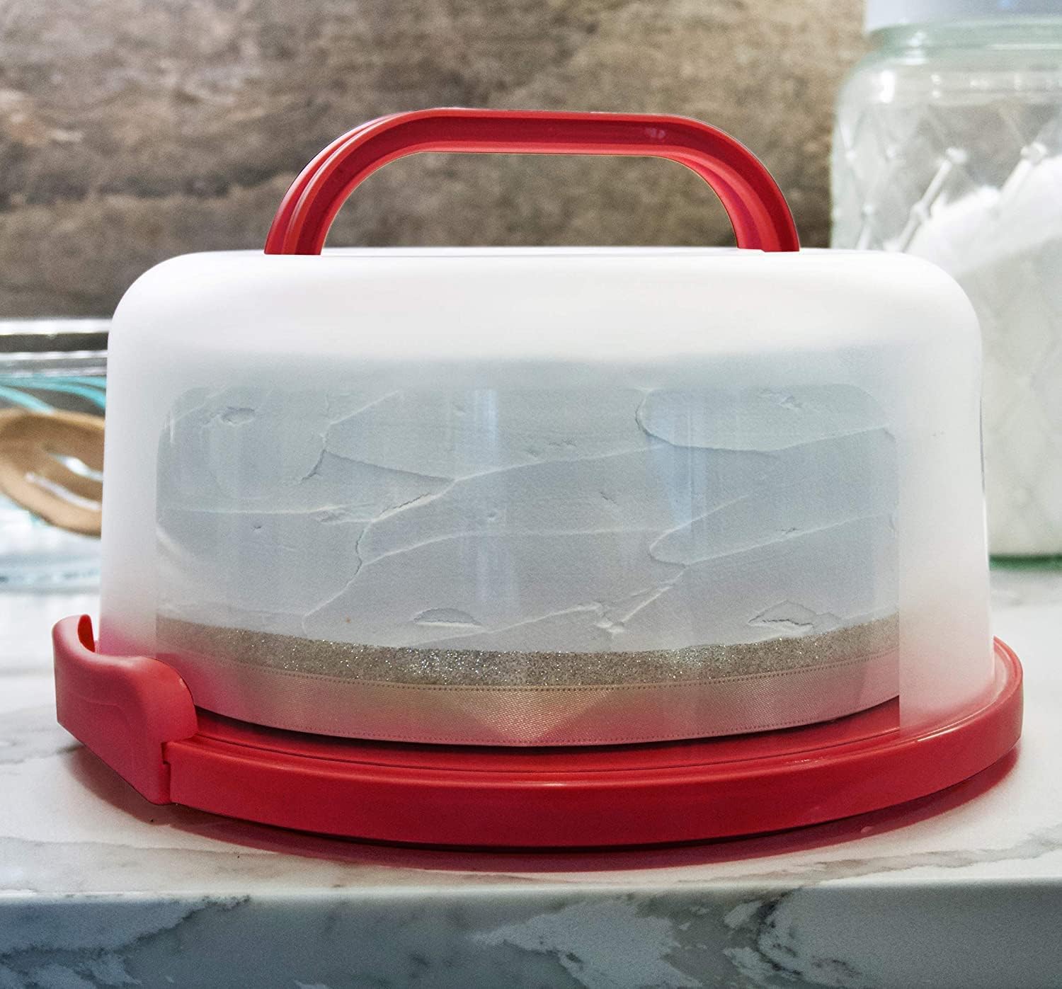 Top Shelf Elements Round Cake Carrier For Up To 10 Inch Cake Portable Cake Stands Two Sided Cake Box With Handle Fashionable Base Doubles as Five Section Serving Tray Container Holds Pies(Scarlet)