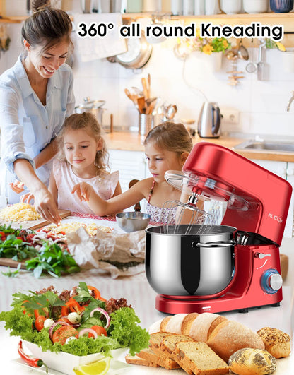 9.5 QT Double Handle KUCCU Stand Mixer, 6 Speed with Pulse Electric Kitchen Mixer, 660W Tilt-Head Food Mixer with Dishwasher-Safe Dough Hook, Flat Beater, Whisk, Splash Guard for home baking (Red)