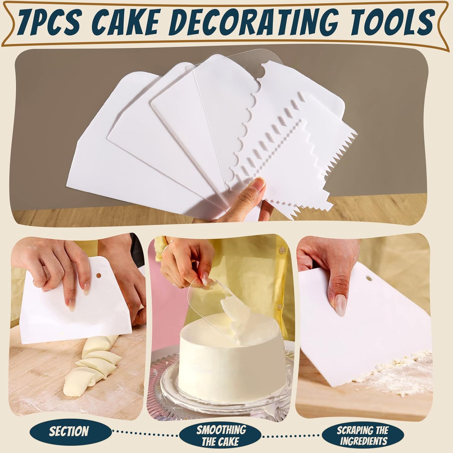 Teenitor Cake Scraper Cake Smoother, 7 Pcs Dough Scraper Bowl Scraper Cake Cutter Cake Spatula Bench Scraper Kitchen Plastic Scraper Tool Cake Decorating Kit