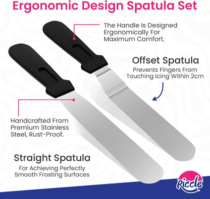 Riccle 88 pcs Cake Decorating Kit with Cake Turntable - Includes 50 Disposable + 2 Reusable Piping Bags and Tips Set, 24 Icing Piping Tips, 2 Spatulas, 3 Icing Comb Scraper, Baking Supplies