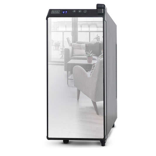 BLACK+DECKER Wine Fridge 12 Bottles, Thermoelectric Wine Cooler Refrigerator with Mirrored Front, Freestanding 12 Bottle Wine Fridge, BD60336