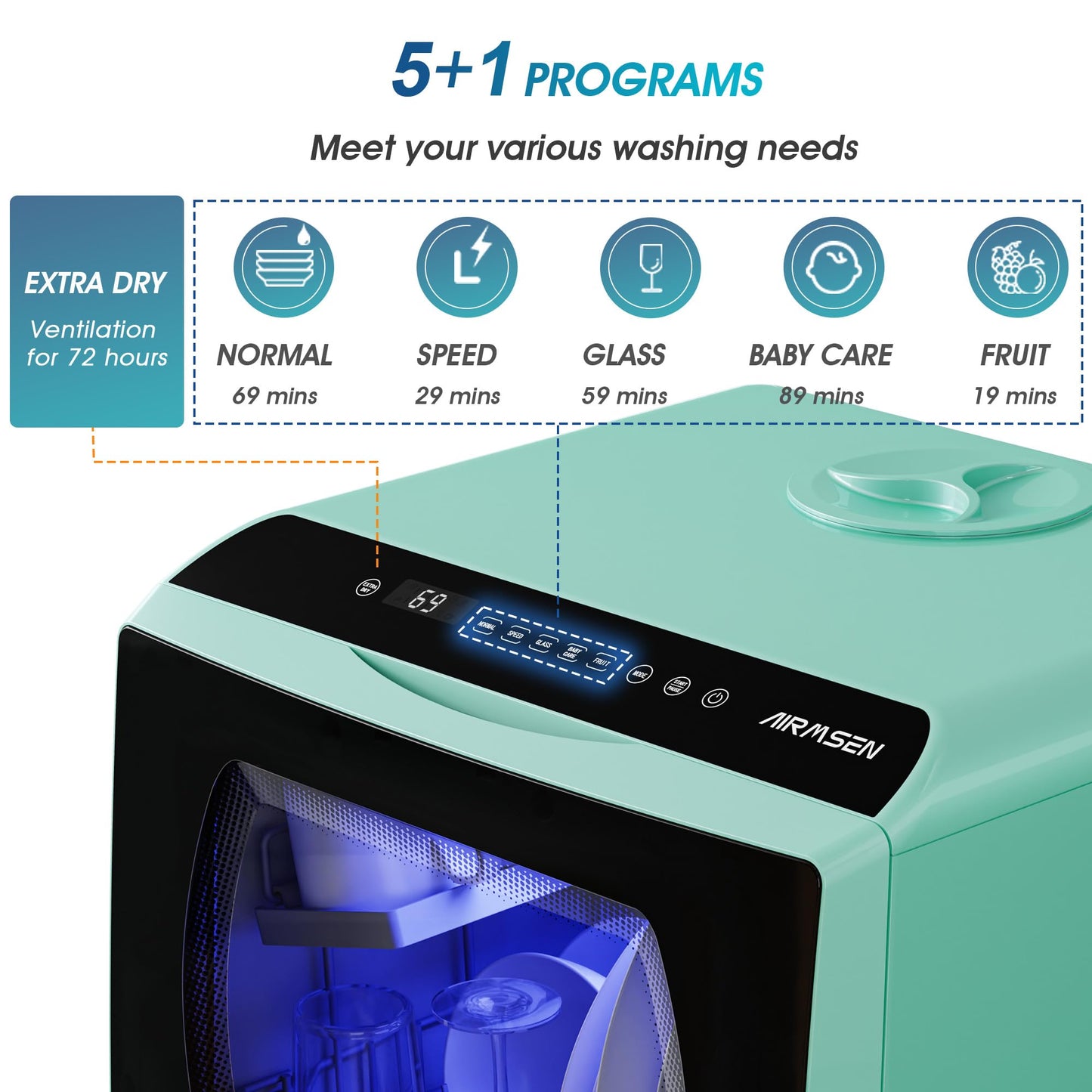 AIRMSEN przenośne zmywarki blatowe, 5 programów mycia, miniaturowe zmywarki z wbudowanym zbiornikiem na wodę o pojemności 5 l i dwuwarstwowymi szklanymi drzwiami, bez konieczności podłączania, do domów, apartamentów i kamperów
